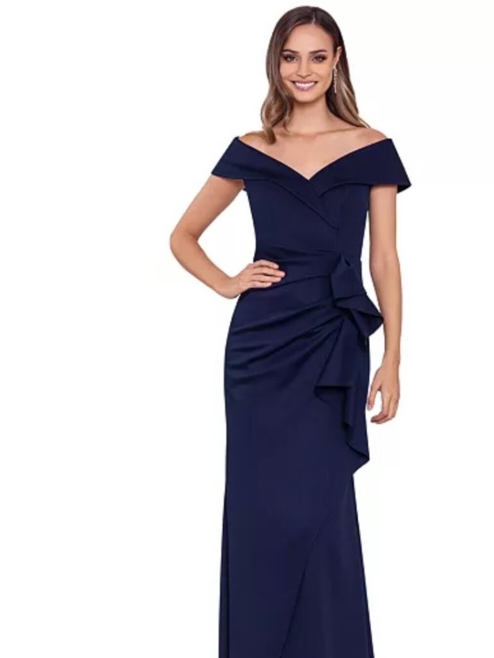 Xscape Womens Navy off the shoulder floor length gown